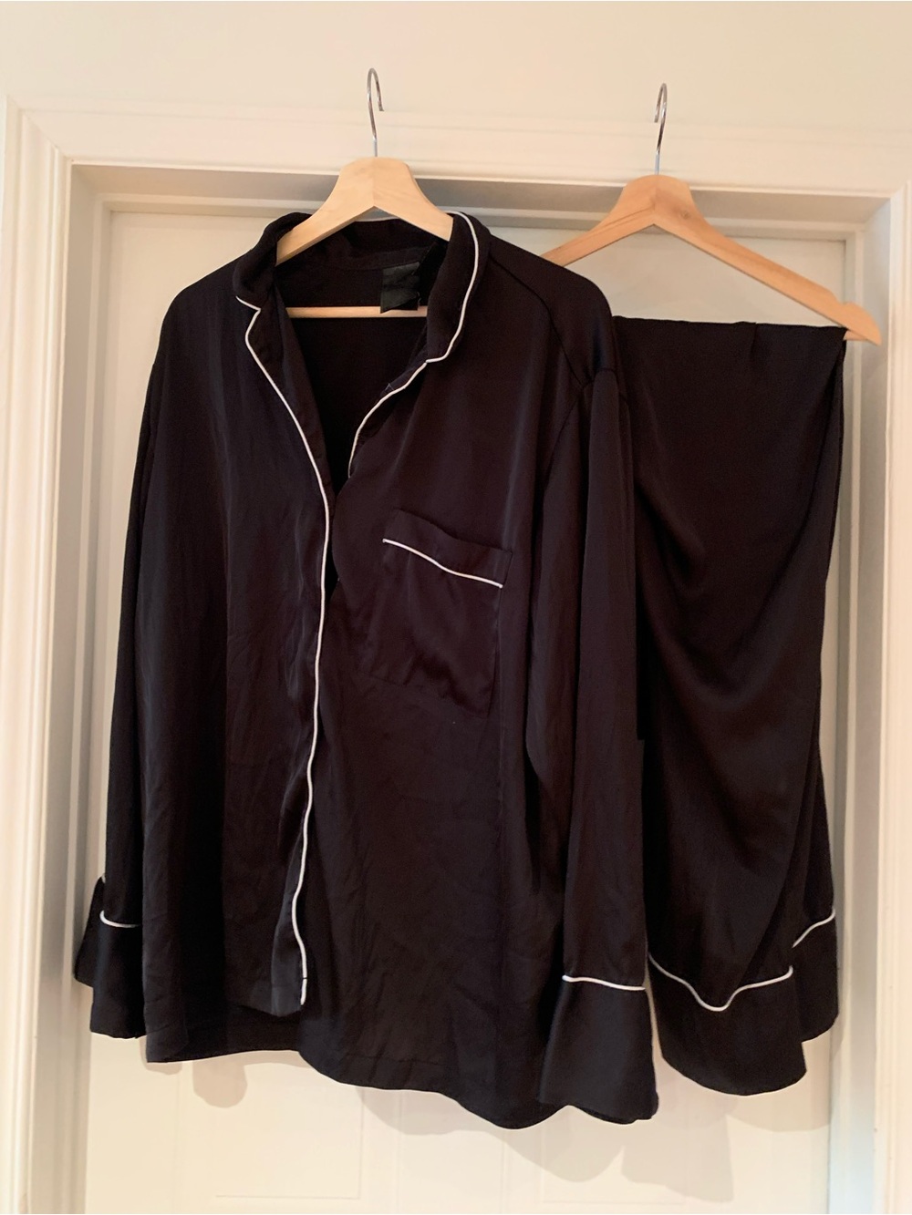 Satin Black Pajama Set with White Piping - Women Intimates & Sleepwear